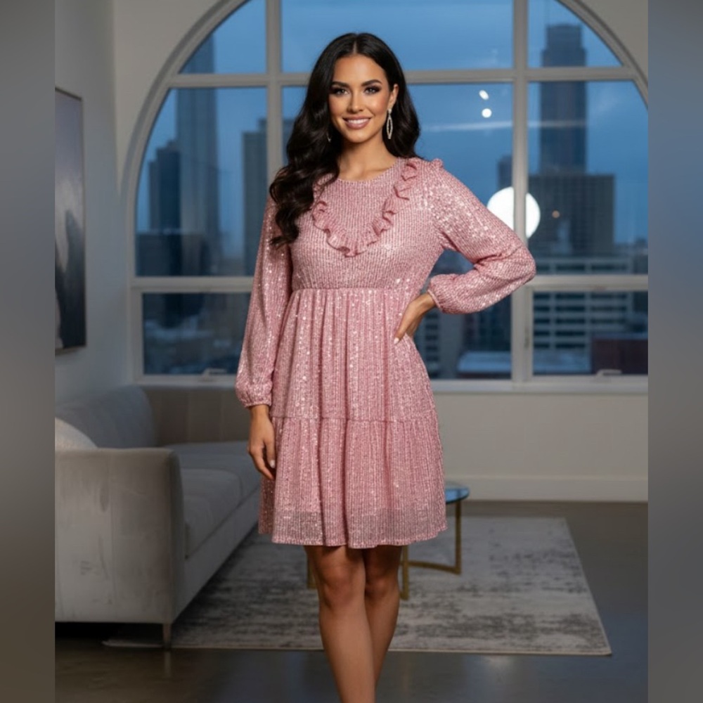Grace Karin Sparkling Pink Long Sleeve Dress